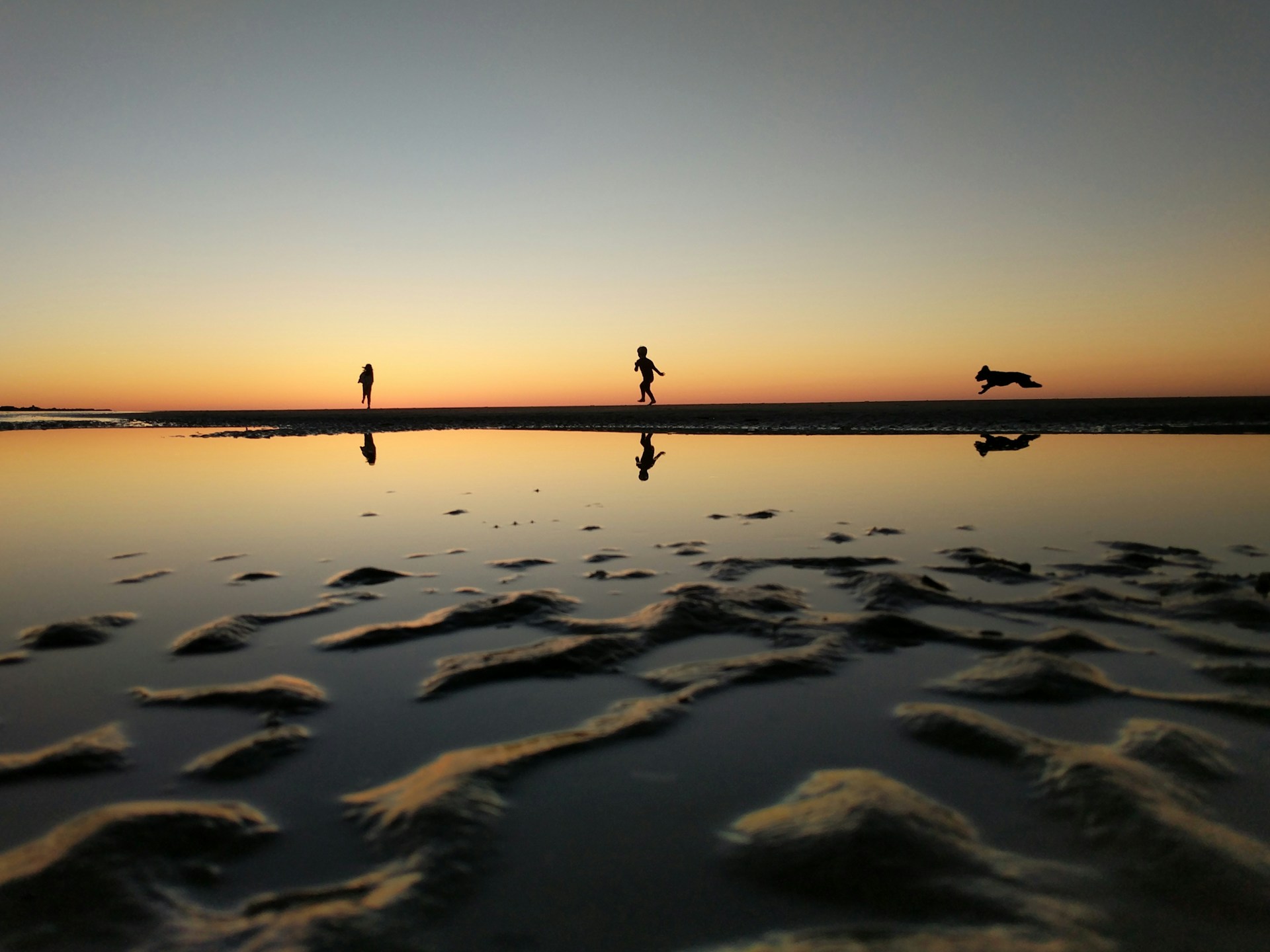 People running on beach at sunset